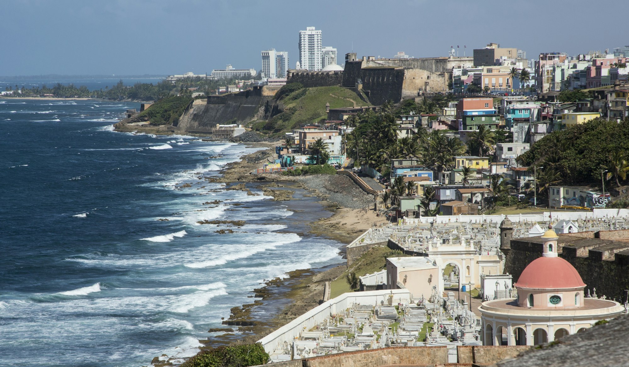 Aerial view of Old San Juan cityscape and beach, Puerto Rico, United States